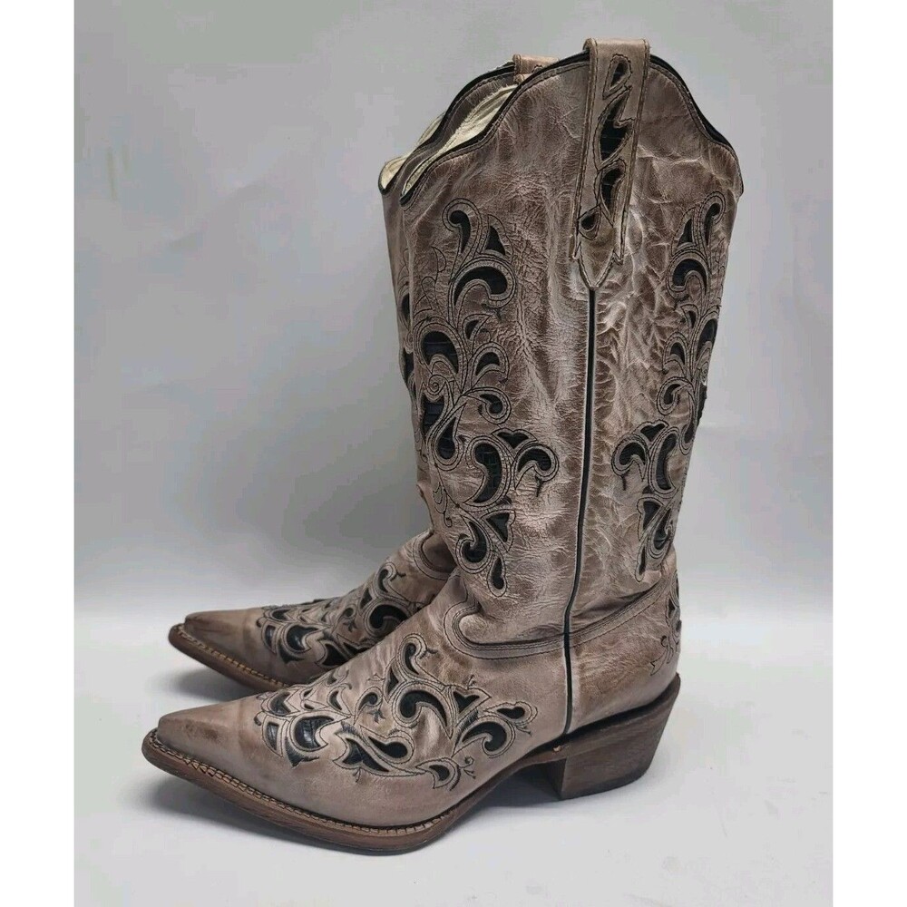 J.B. Dillon Chicory Western Cowgirl Womens 9 B Cream Brown Leather Boots JBR6055